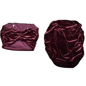 Women's Y2k Velvety Crop Top & Skirt Med 90s Day Night Sexy Red Ruched Bodycon